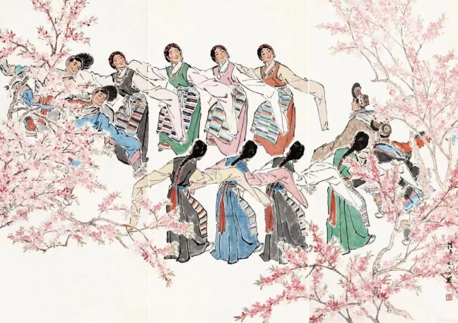 葉淺予高原之春紙本設(shè)色211cm×98cm、211cm×105cm、211cm×98cm1964年